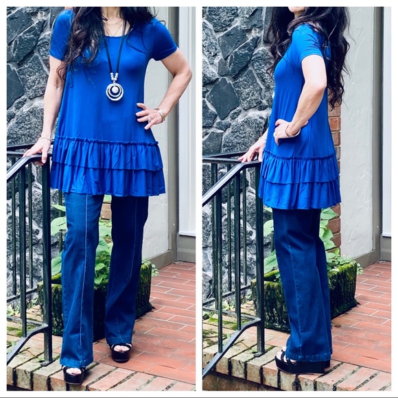 ROYAL BLUE LAYERED HEM SHORT SLEEVES TUNIC TOP - Picture 7 of 13